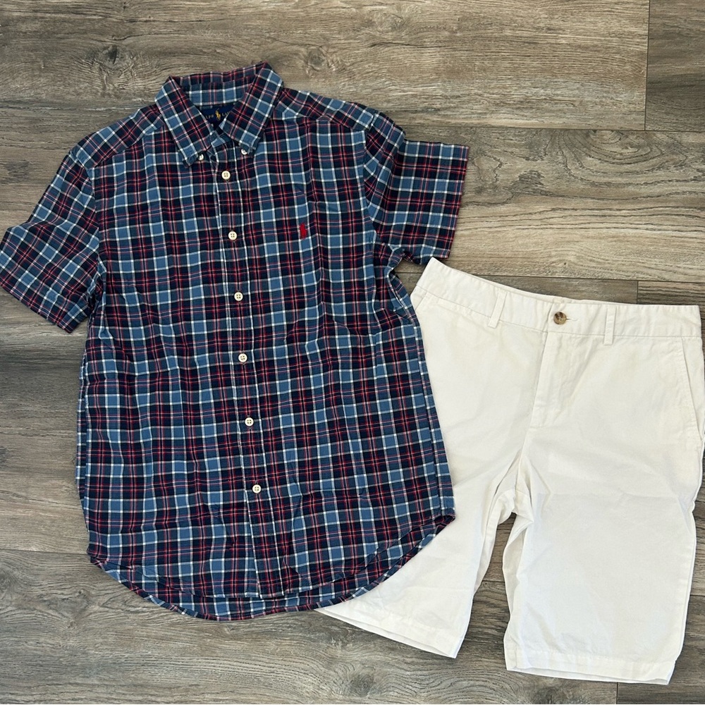 Polo Ralph Lauren plaid short sleeve button down shirt white shorts boys 14